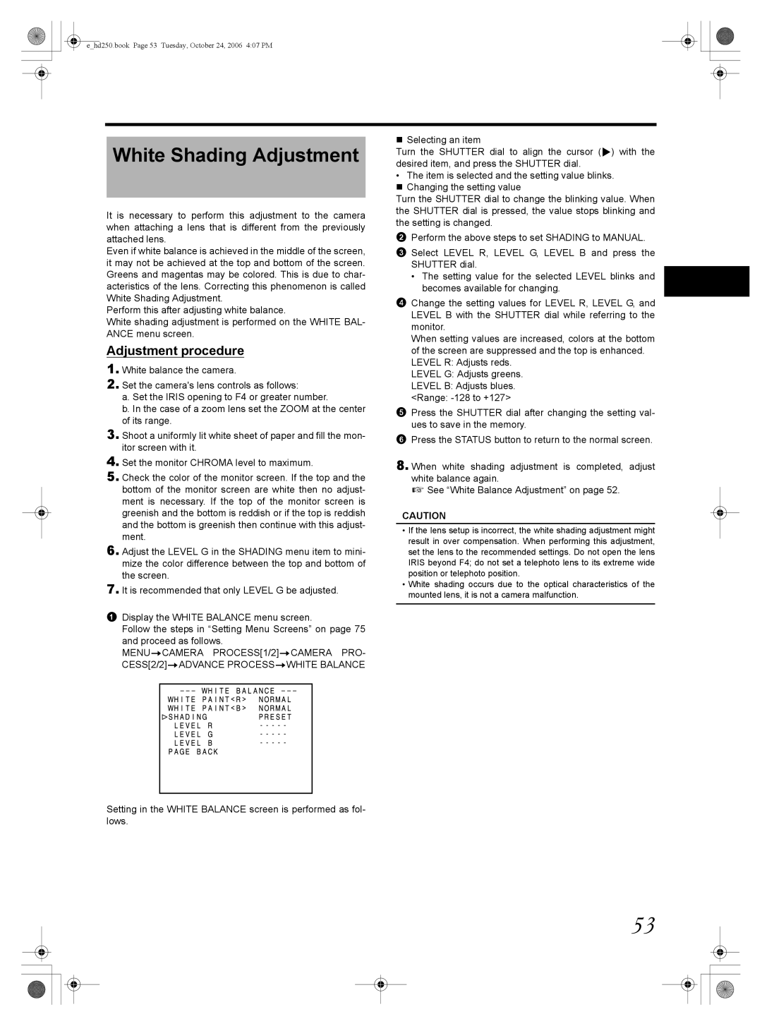 JVC GY-HD251, GY-HD250 manual White Shading Adjustment 