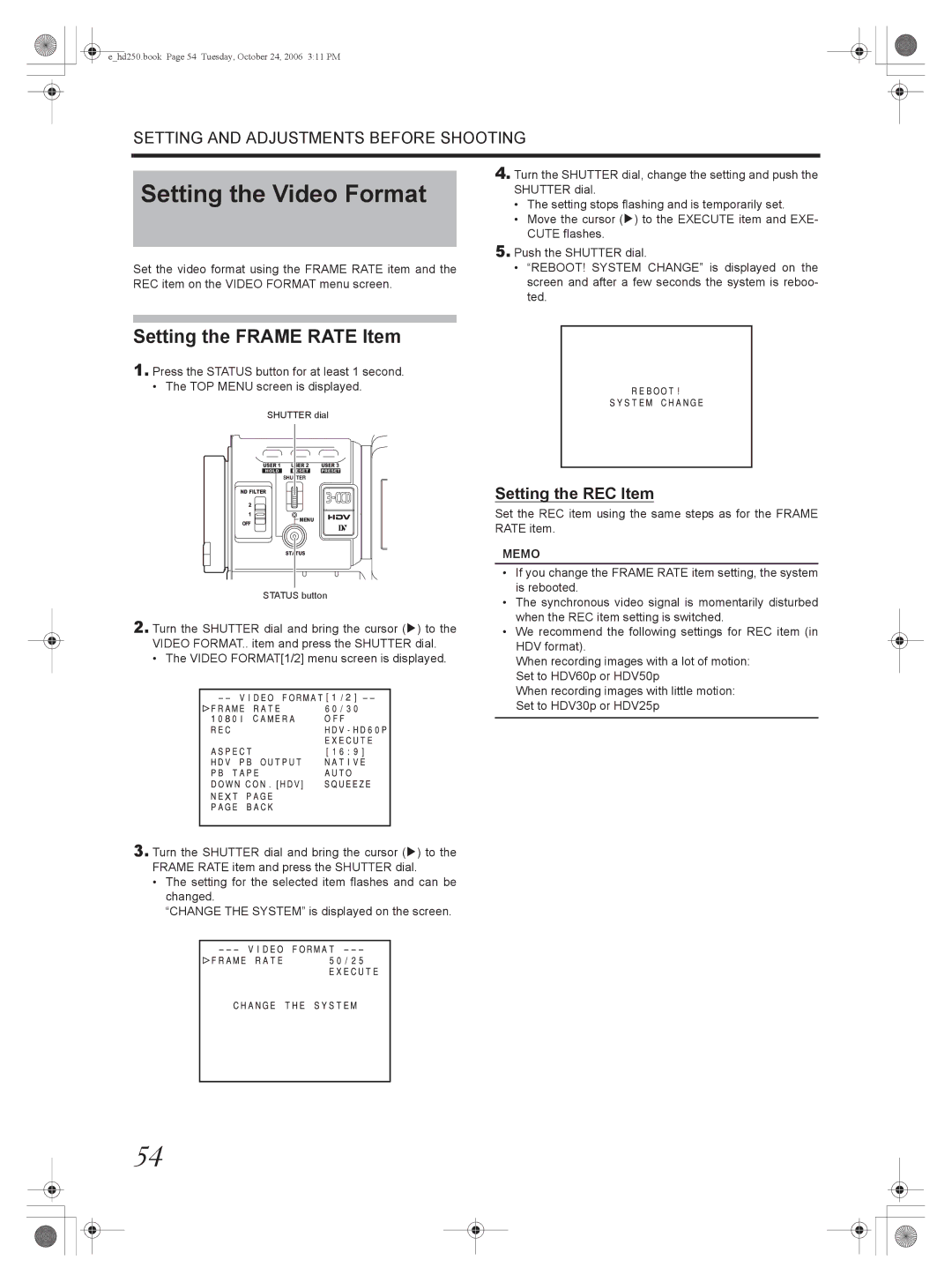 JVC GY-HD250, GY-HD251 manual Setting the Video Format, Setting the Frame Rate Item, Setting the REC Item 