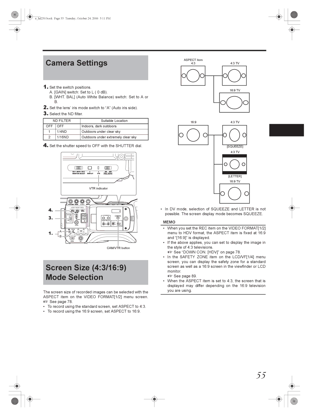 JVC GY-HD251, GY-HD250 manual Camera Settings, Screen Size 43/169 Mode Selection, ND Filter 