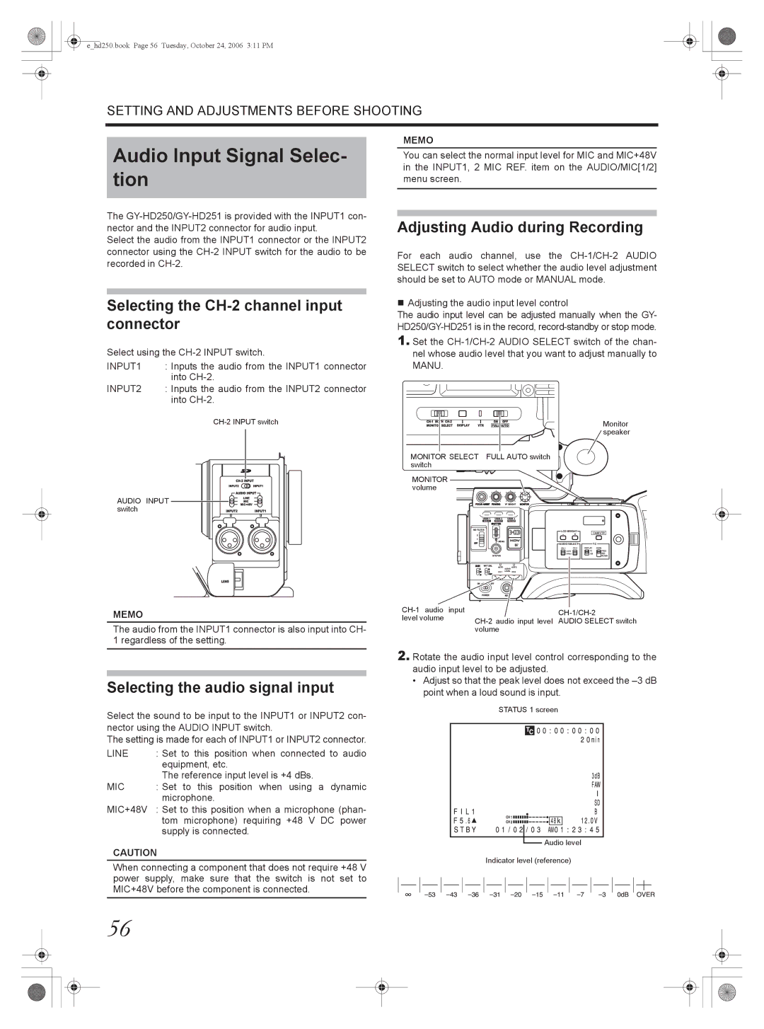 JVC GY-HD250 Audio Input Signal Selec- tion, Selecting the CH-2 channel input connector, Selecting the audio signal input 