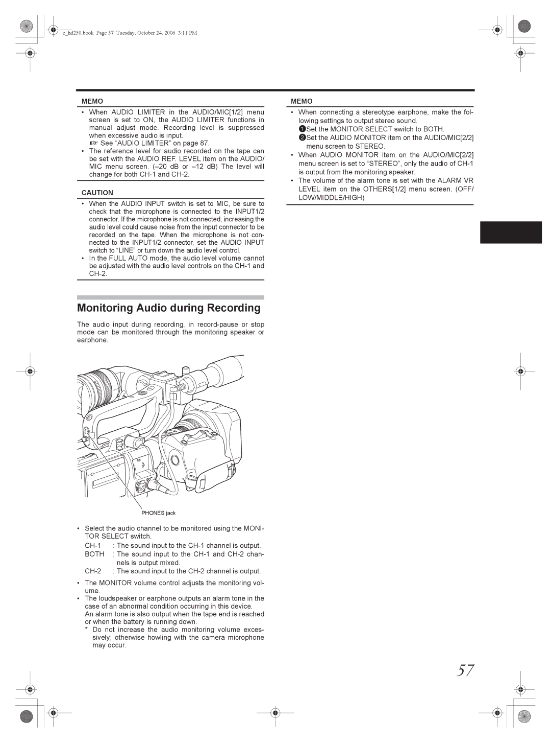 JVC GY-HD251, GY-HD250 manual Monitoring Audio during Recording, Low/Middle/High 