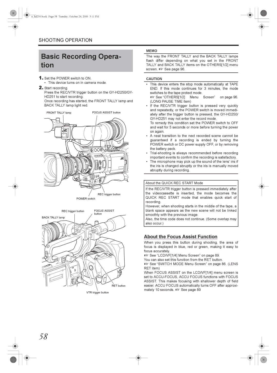 JVC GY-HD250, GY-HD251 manual Basic Recording Opera- tion, About the Focus Assist Function 