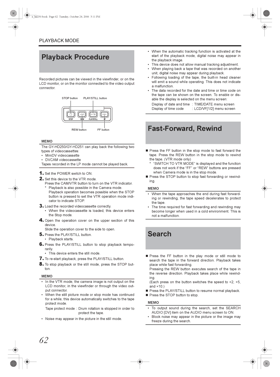 JVC GY-HD250, GY-HD251 manual Playback Procedure, Fast-Forward, Rewind, Search 