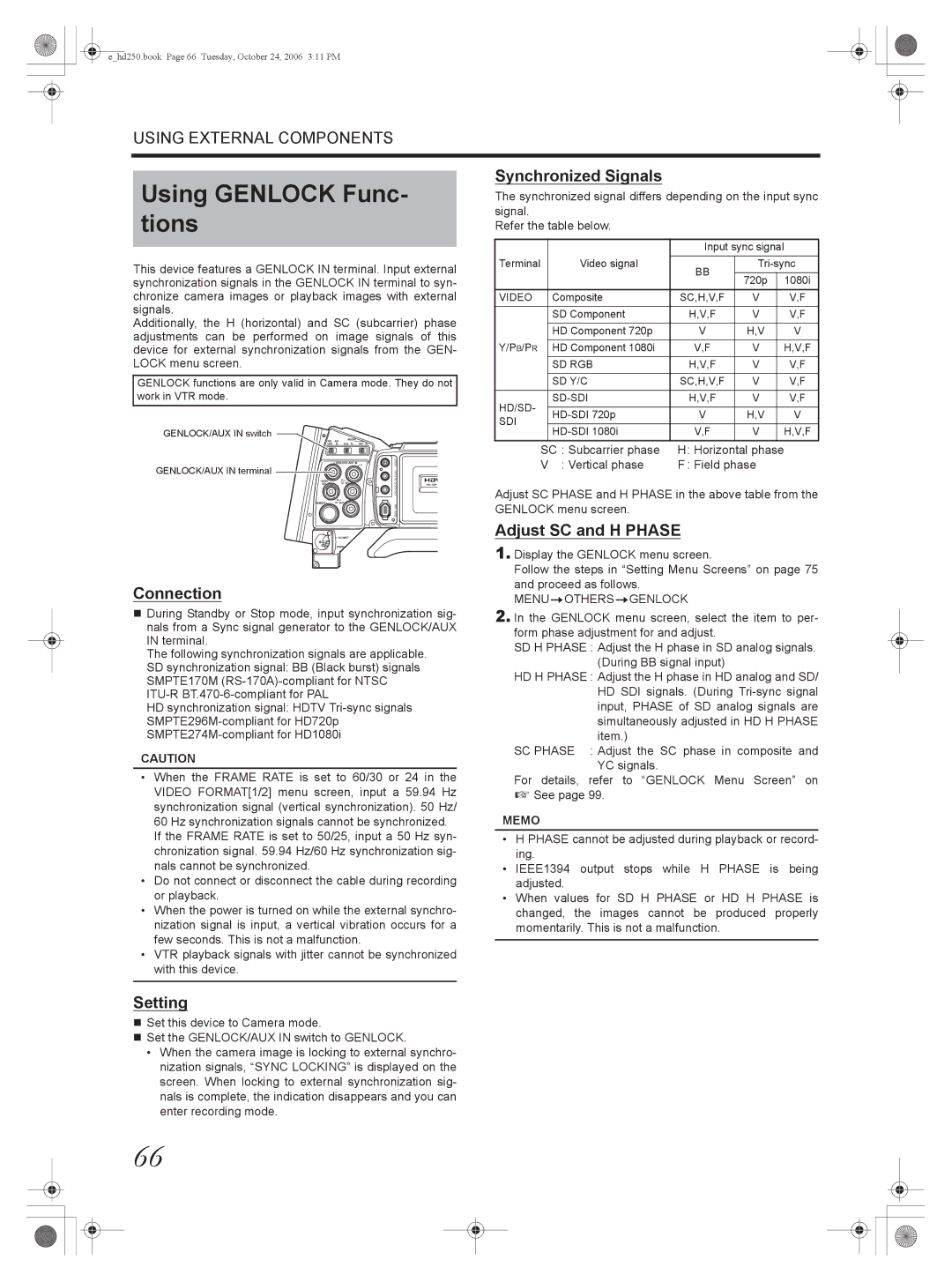 JVC GY-HD250, GY-HD251 manual Using Genlock Func- tions, Synchronized Signals, Adjust SC and H Phase 