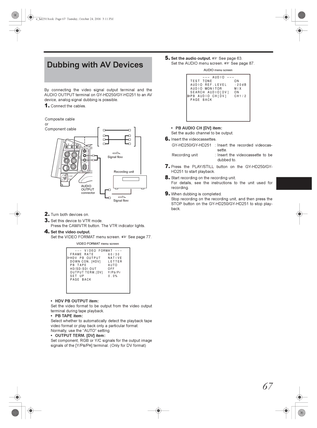 JVC GY-HD251, GY-HD250 manual Dubbing with AV Devices 