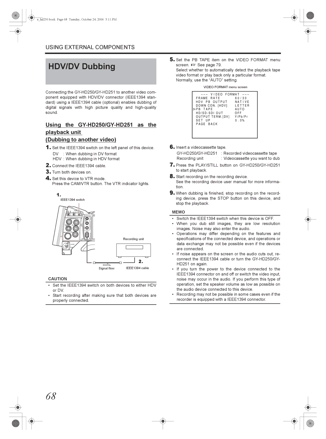 JVC GY-HD250, GY-HD251 manual HDV/DV Dubbing, Videocassette you want to dub 