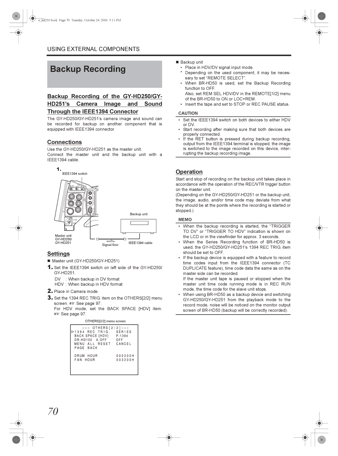 JVC GY-HD250, GY-HD251 manual Backup Recording, Settings 