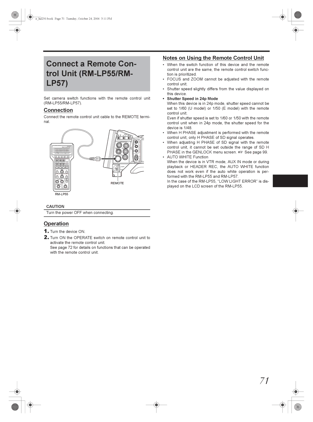 JVC GY-HD251, GY-HD250 manual Connect a Remote Con- trol Unit RM-LP55/RM- LP57, Shutter Speed in 24p Mode 
