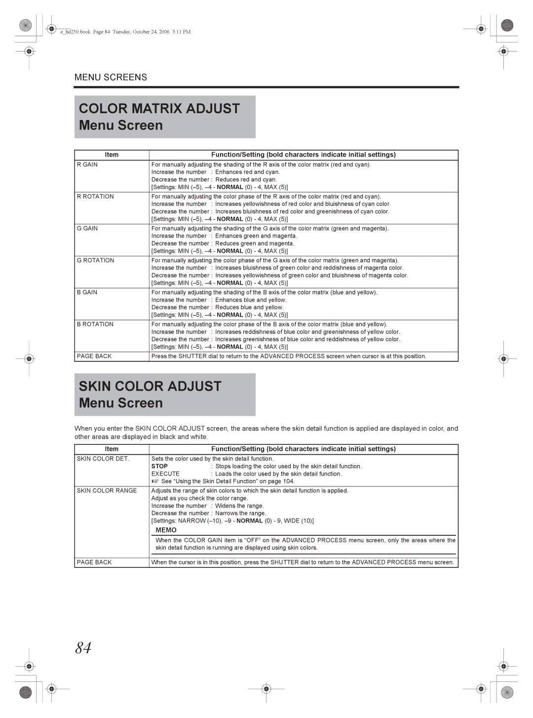 JVC GY-HD250, GY-HD251 manual Rotation, Skin Color DET, Stop, Skin Color Range 