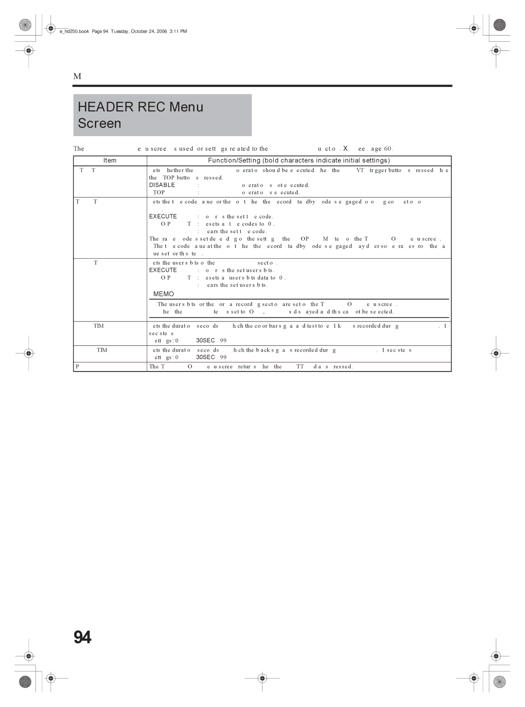 JVC GY-HD250, GY-HD251 manual Header REC Menu Screen, Disable 