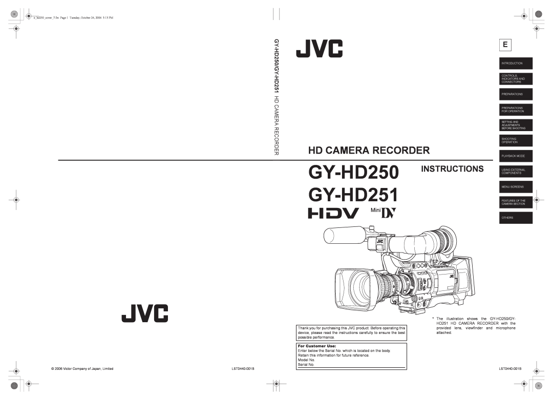 JVC manual For Customer Use, Hd Camera Recorder, GY-HD250 INSTRUCTIONS, GY-HD250/GY-HD251 HD CAMERA RECORDER 