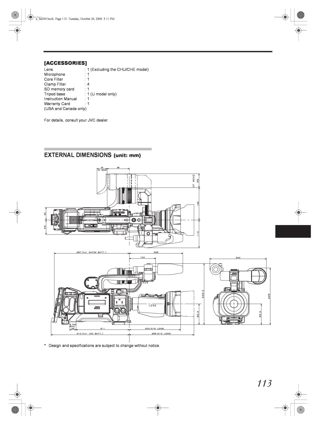 JVC GY-HD251, GY-HD250 manual EXTERNAL DIMENSIONS unit mm, Accessories 