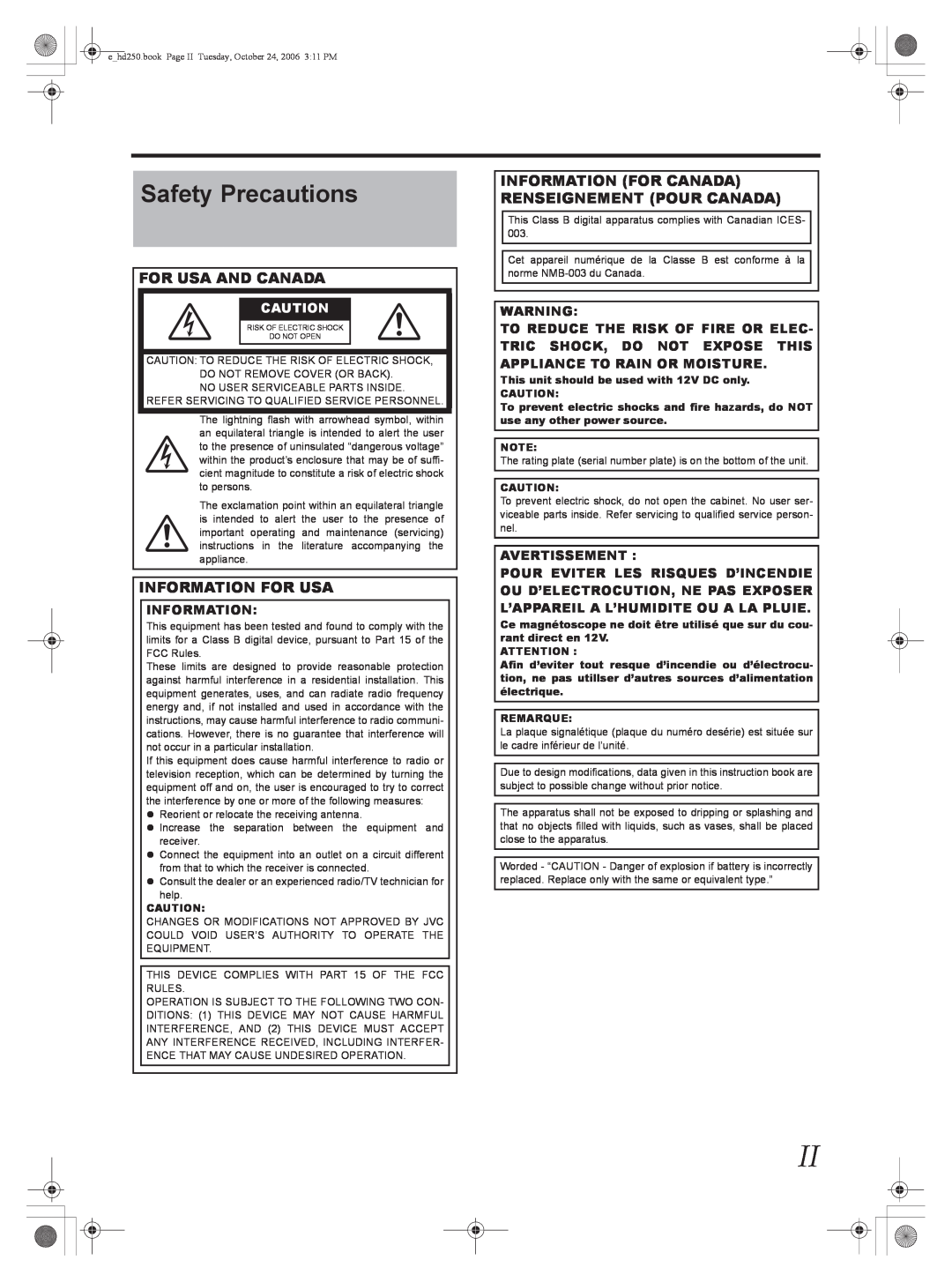 JVC GY-HD251, GY-HD250 manual Safety Precautions, For Usa And Canada, Information For Usa, Avertissement 
