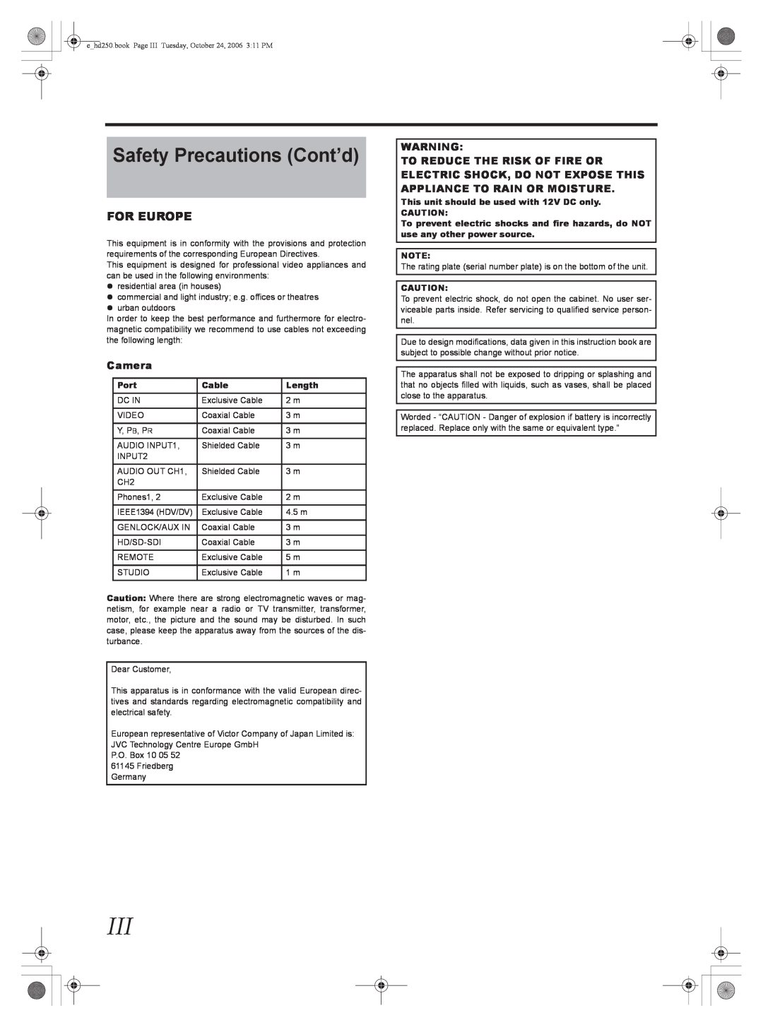 JVC GY-HD250, GY-HD251 manual Safety Precautions Cont’d, For Europe, Camera 