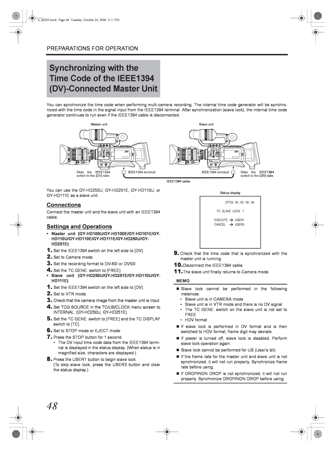 JVC manual Connections, Settings and Operations, Slave unit GY-HD250U/GY-HD251E/GY-HD110U/GY- HD111E, Memo 