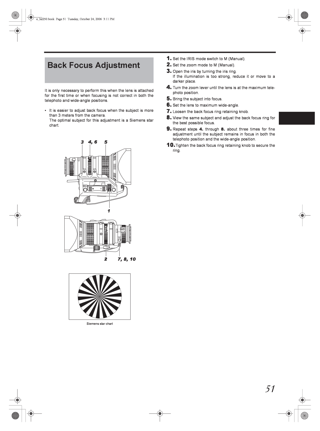 JVC GY-HD251, GY-HD250 manual Back Focus Adjustment, 2 7, 8 