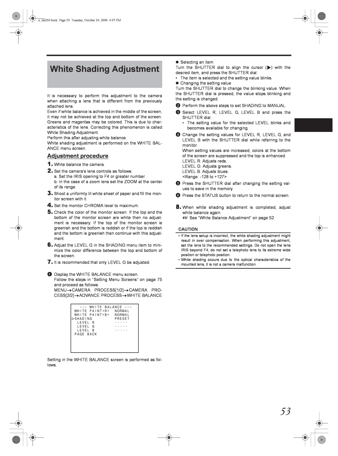 JVC GY-HD251 manual White Shading Adjustment, Adjustment procedure, ehd250.book Page 53 Tuesday, October 24, 2006 407 PM 