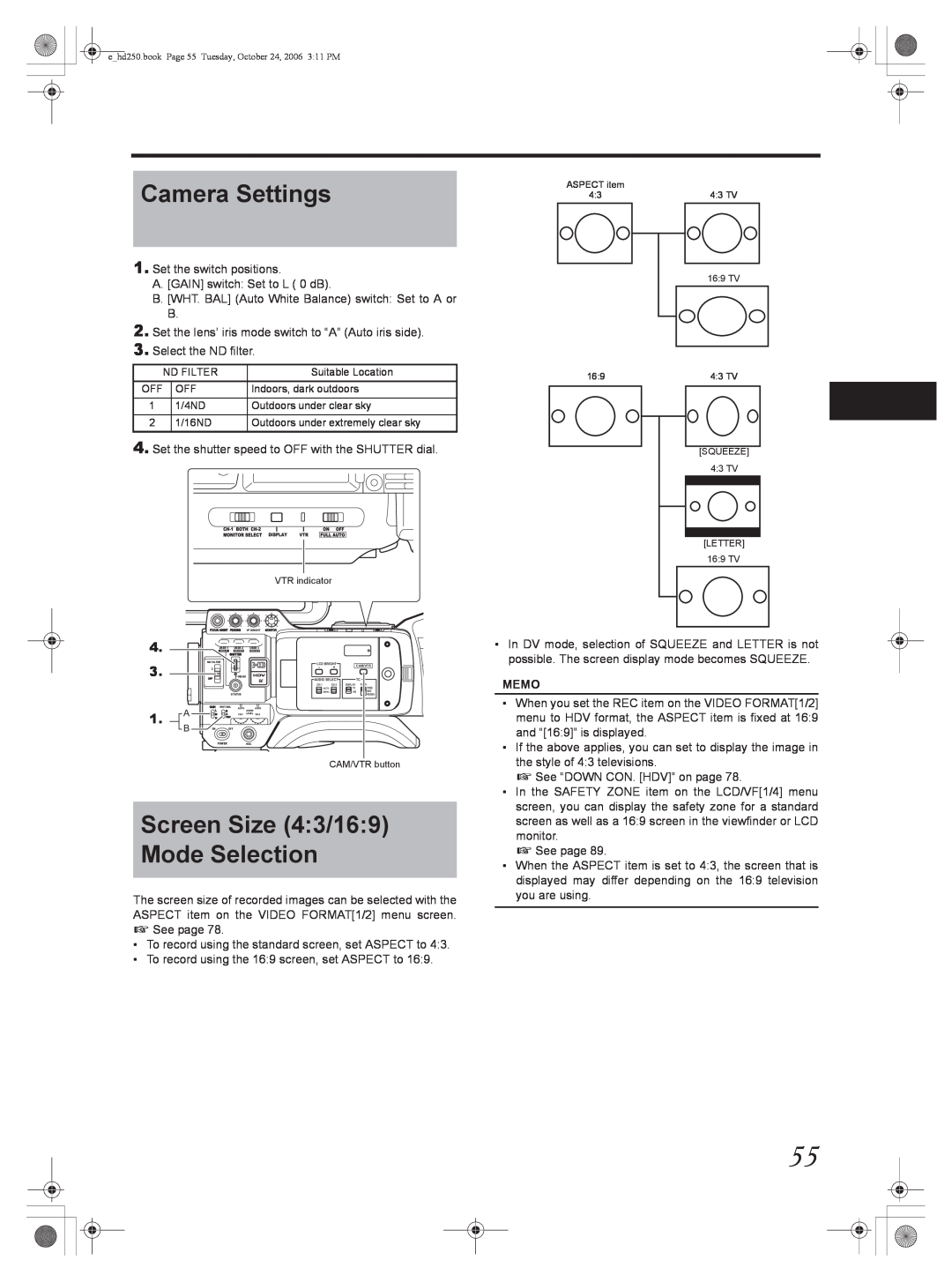 JVC GY-HD251, GY-HD250 manual Camera Settings, Screen Size 43/169 Mode Selection, Memo 