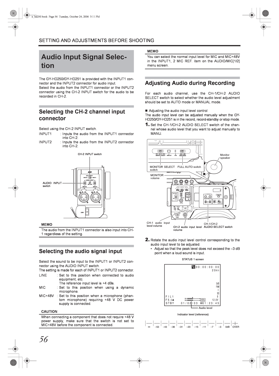 JVC GY-HD250 Audio Input Signal Selec- tion, Selecting the CH-2 channel input connector, Selecting the audio signal input 