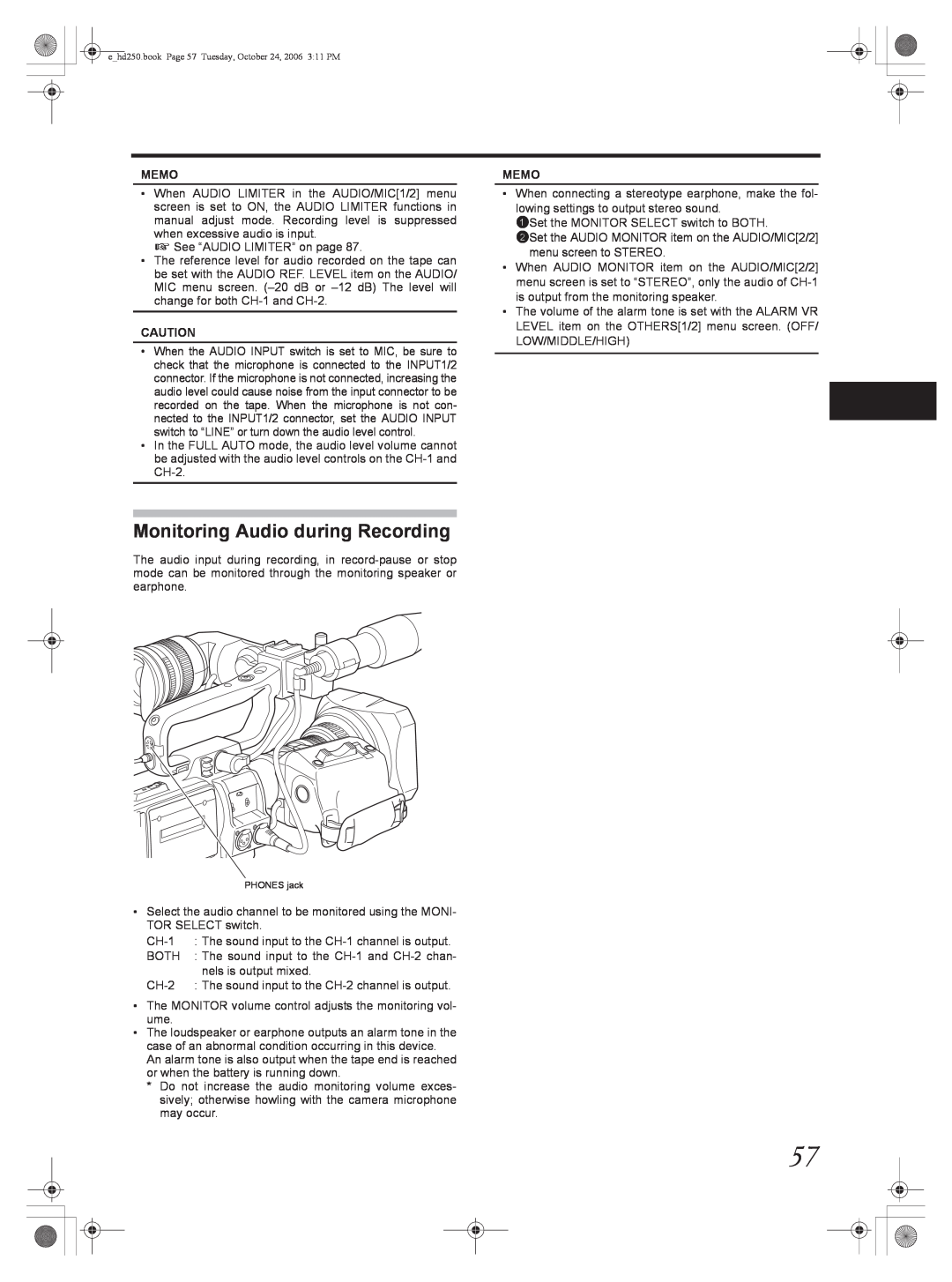 JVC GY-HD251, GY-HD250 manual Monitoring Audio during Recording, Memo, ehd250.book Page 57 Tuesday, October 24, 2006 311 PM 