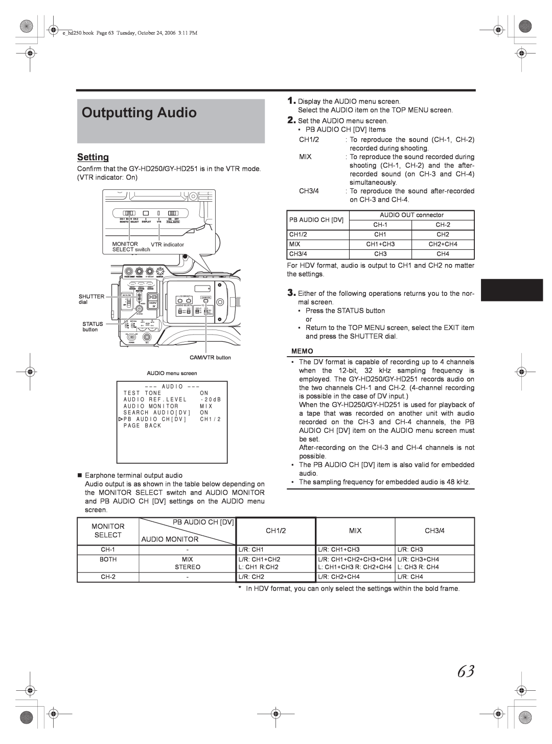 JVC GY-HD251, GY-HD250 manual Outputting Audio, Setting, Memo, ehd250.book Page 63 Tuesday, October 24, 2006 311 PM 