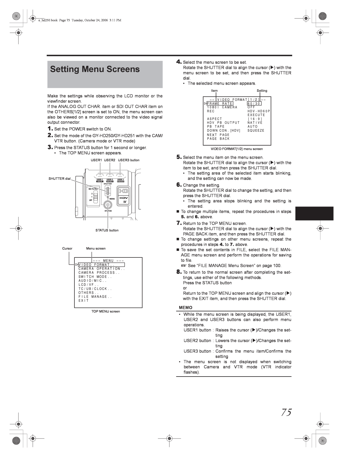 JVC GY-HD251, GY-HD250 manual Setting Menu Screens, Memo, ehd250.book Page 75 Tuesday, October 24, 2006 311 PM 