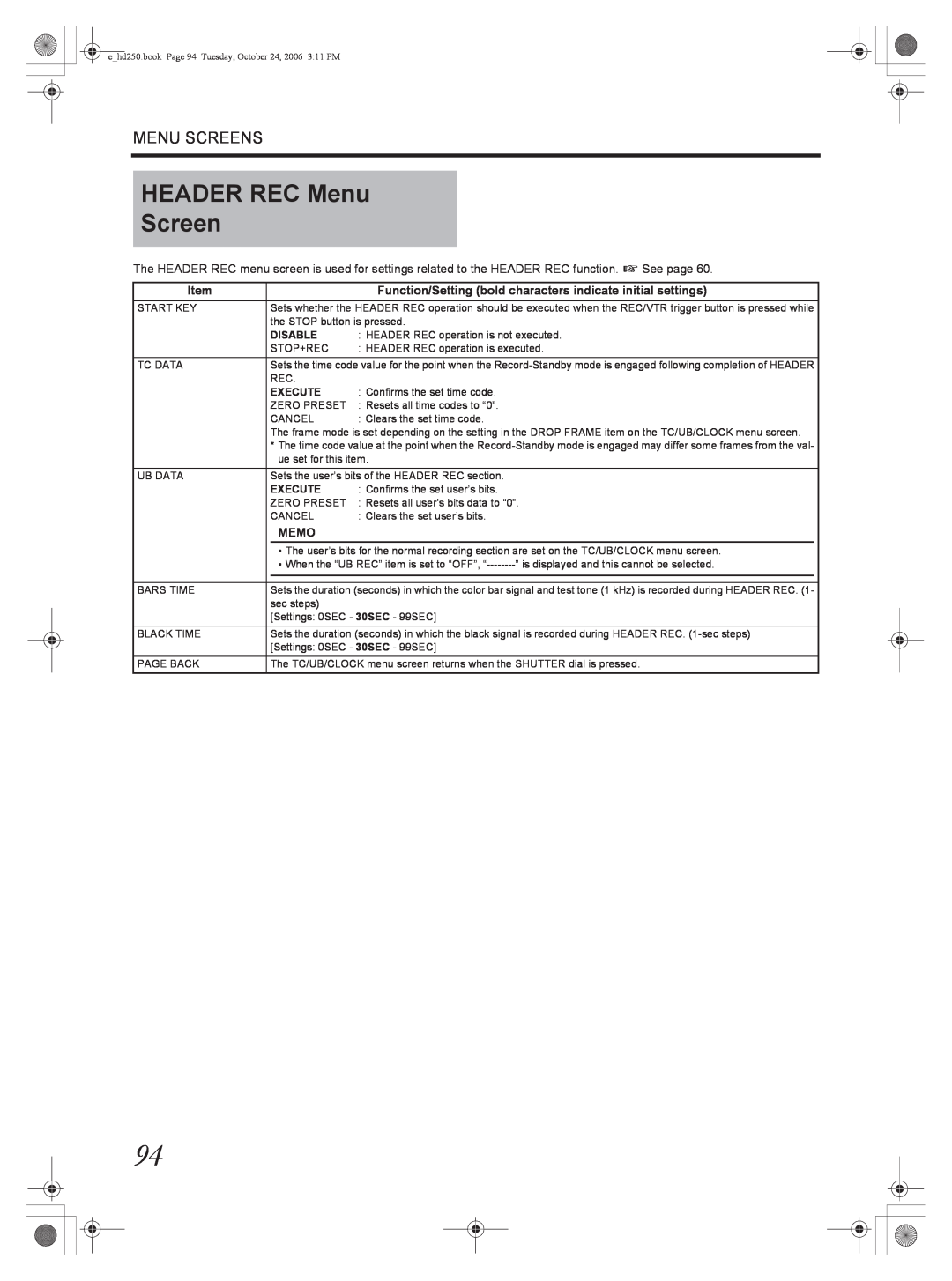 JVC GY-HD250 manual HEADER REC Menu Screen, Menu Screens, Function/Setting bold characters indicate initial settings, Memo 