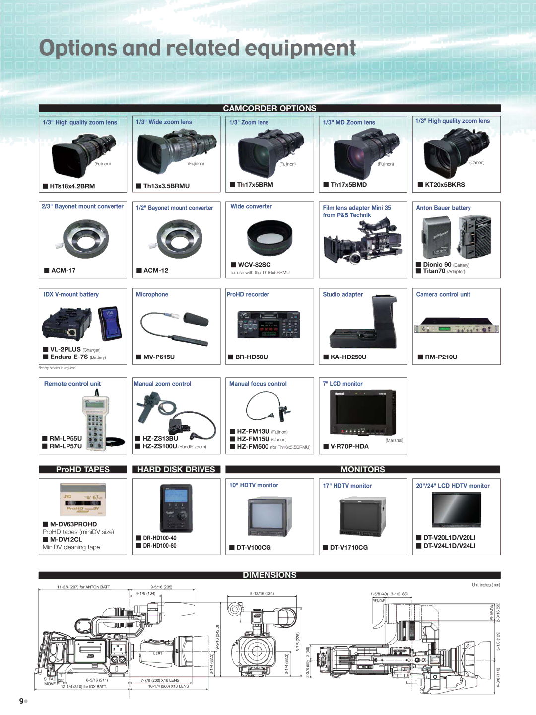 JVC GY-HD250 manual Options and related equipment, Camcorder Options 