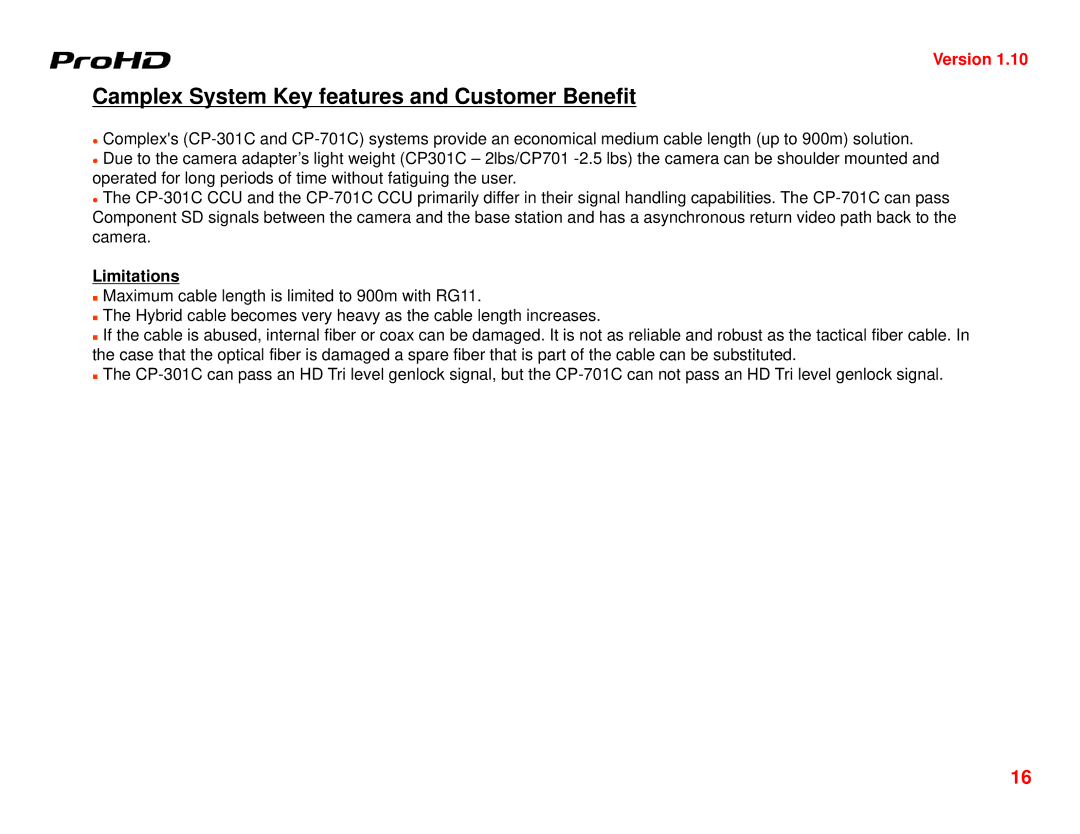 JVC GY-HD250U manual Camplex System Key features and Customer Benefit, Limitations 