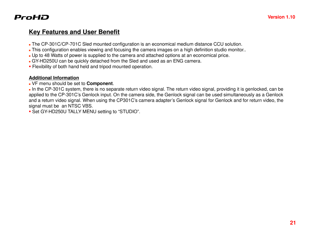 JVC GY-HD250U manual Key Features and User Benefit, Additional Information 