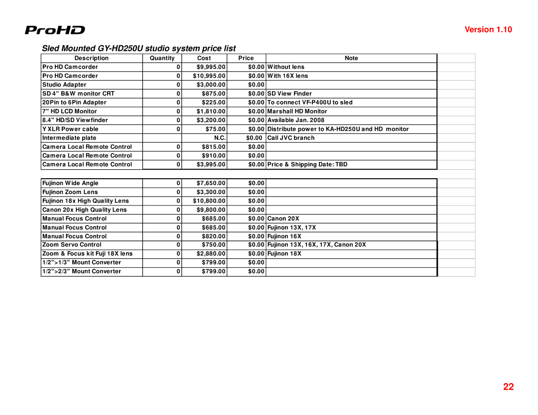 JVC manual Sled Mounted GY-HD250U studio system price list 