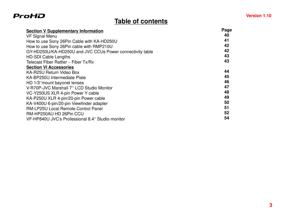 JVC GY-HD250U manual Section V Supplementary Information, Section VI Accessories 