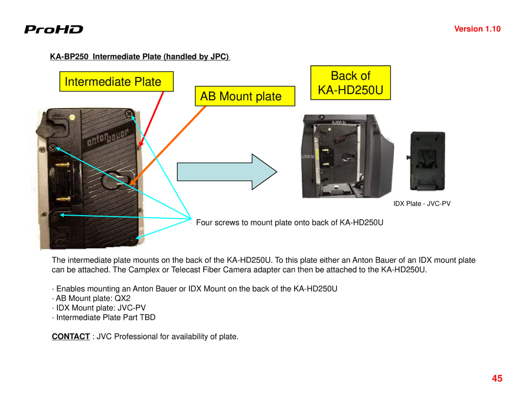 JVC GY-HD250U manual Back Intermediate Plate KA-HD250U AB Mount plate, KA-BP250 Intermediate Plate handled by JPC 