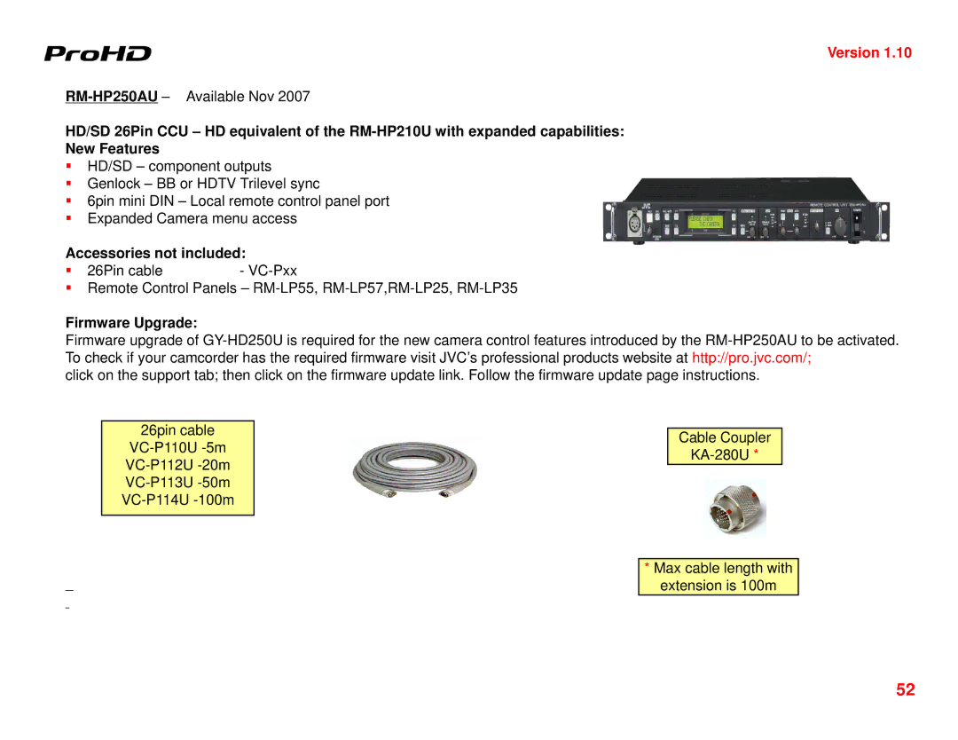 JVC GY-HD250U manual Accessories not included, Firmware Upgrade 