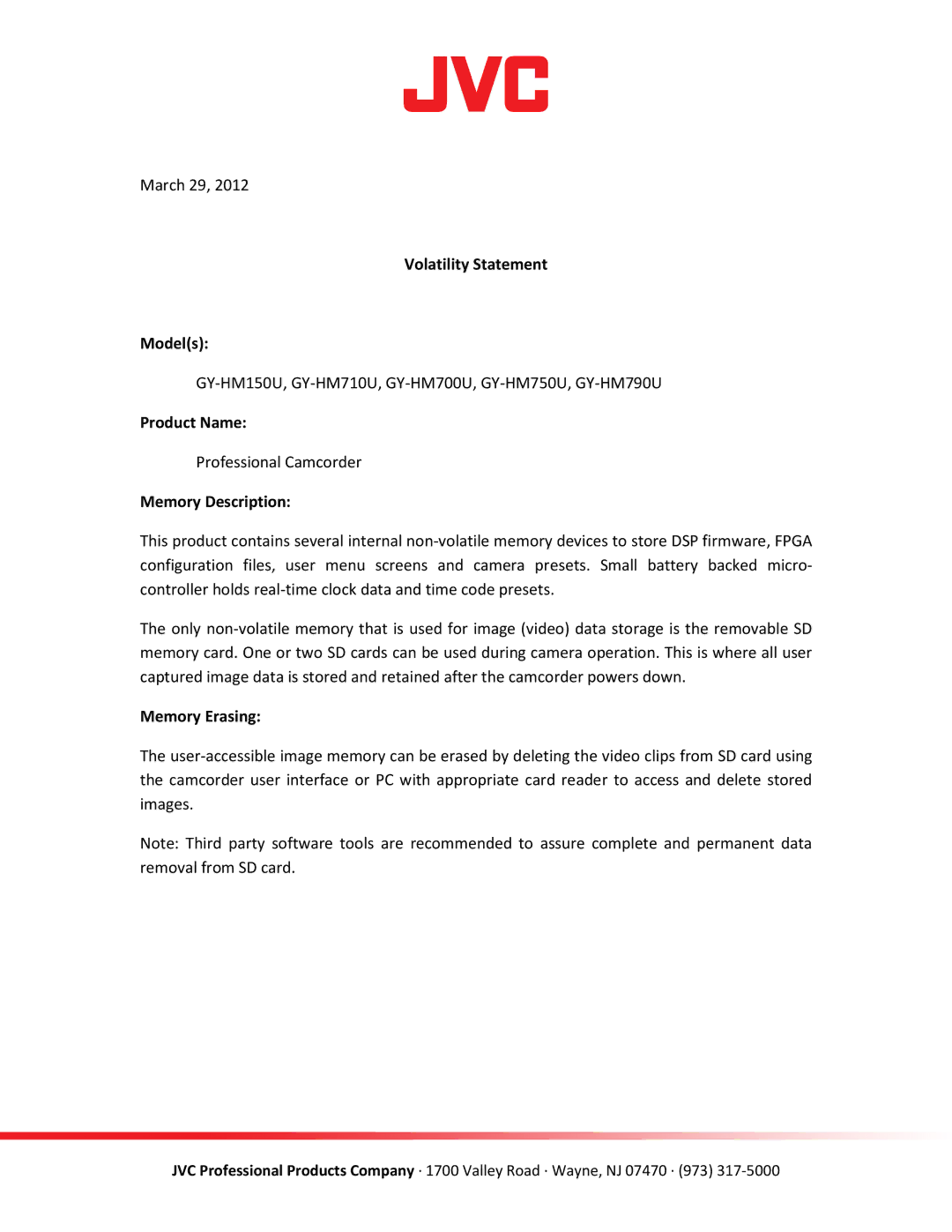 JVC GY-HM700U, GY-HM150U, GY-HM750U manual Volatility Statement Models, Product Name, Memory Description, Memory Erasing 