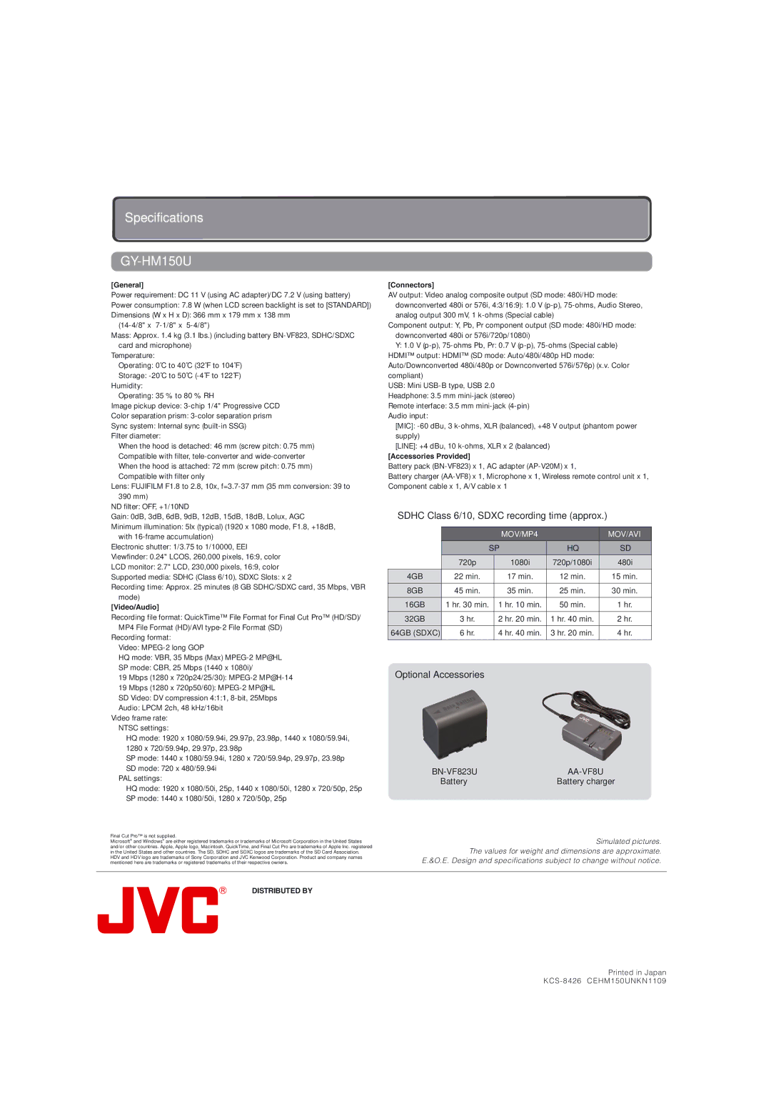 JVC GY-HM150U specifications Specifications, BN-VF823U 