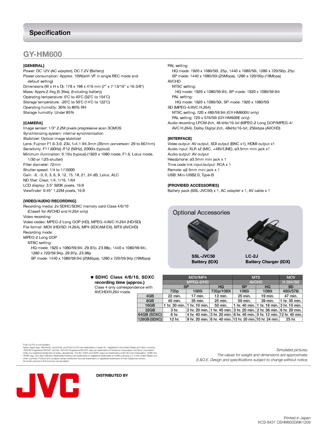 JVC GY-HM600 manual Specification, LC-2J, Battery IDX, Sdhc Class 4/6/10, Sdxc, Recording time approx 