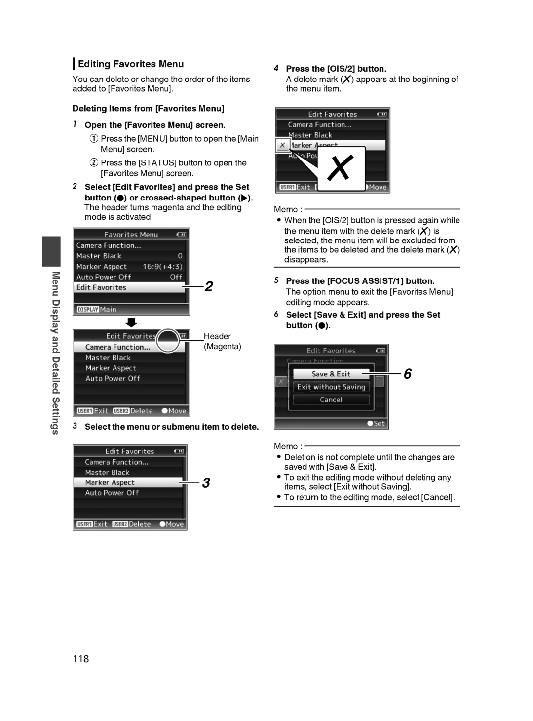 JVC GY-HM650U specifications 118, Editing Favorites Menu, Press the OIS/2 button 