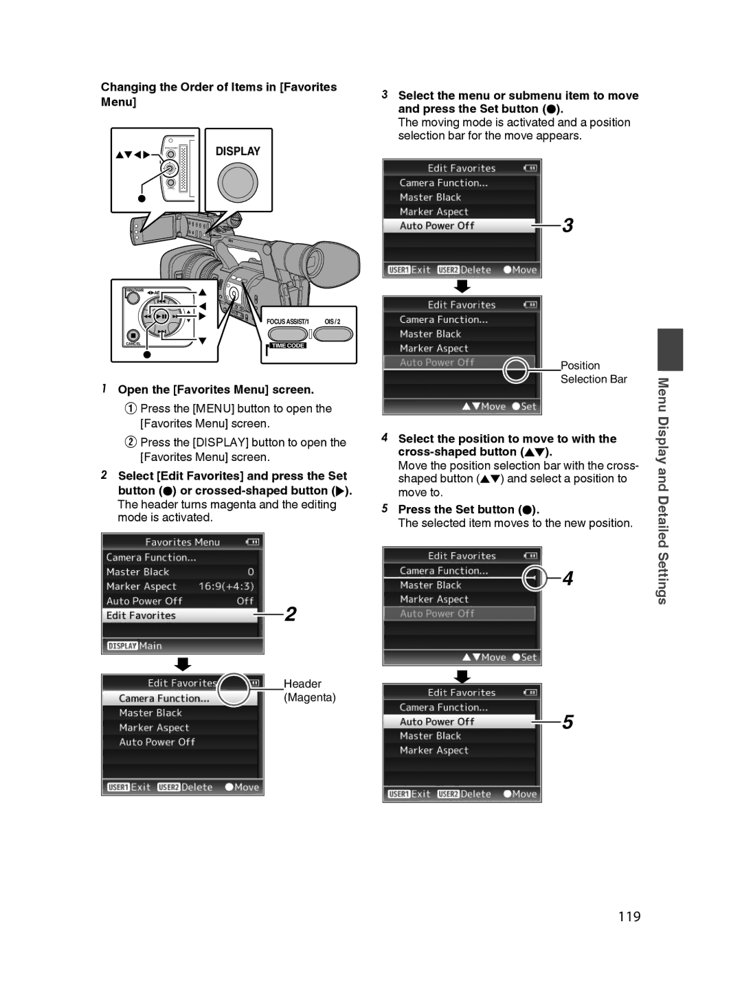 JVC GY-HM650U specifications 119, Changing the Order of Items in Favorites Menu, Cross­shaped button JK 