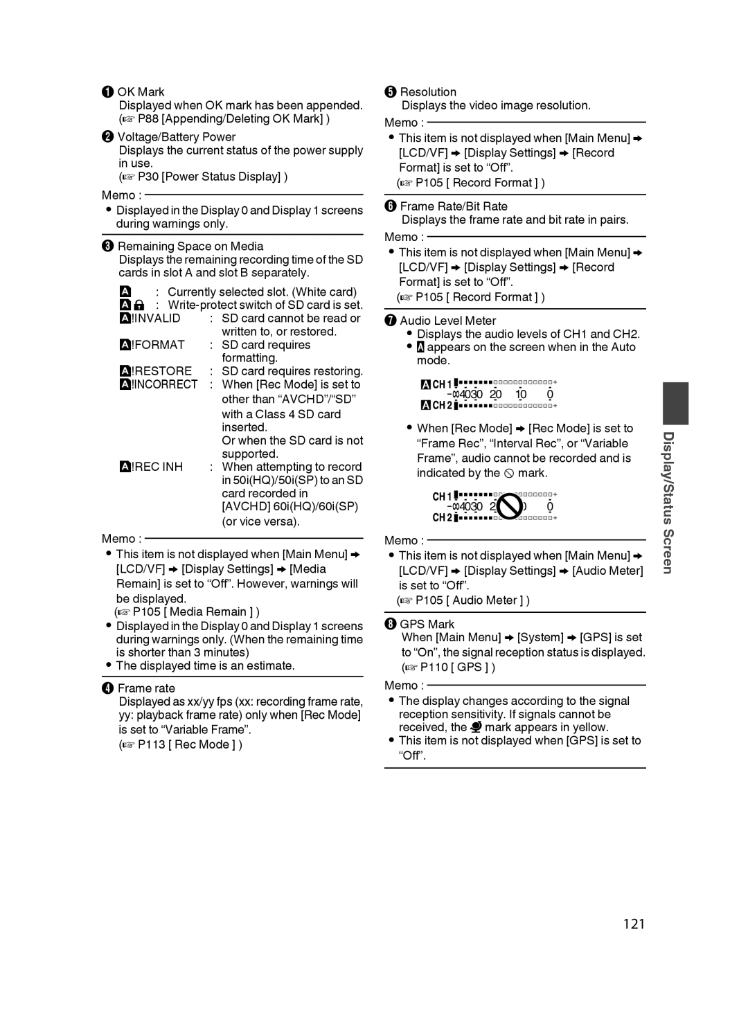 JVC GY-HM650U specifications 121, Display/Status, Screen 