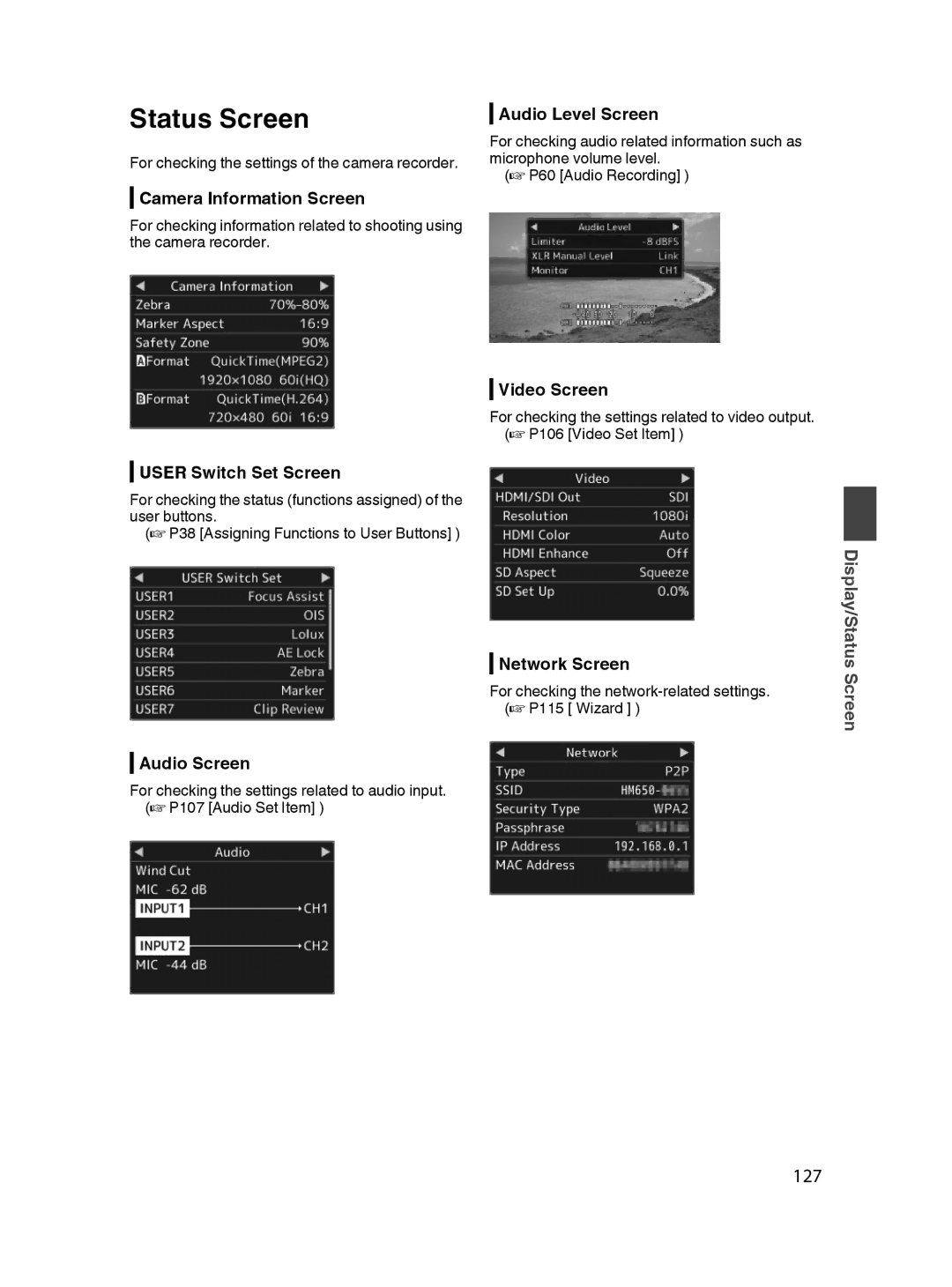 JVC GY-HM650U specifications Status Screen, 127 