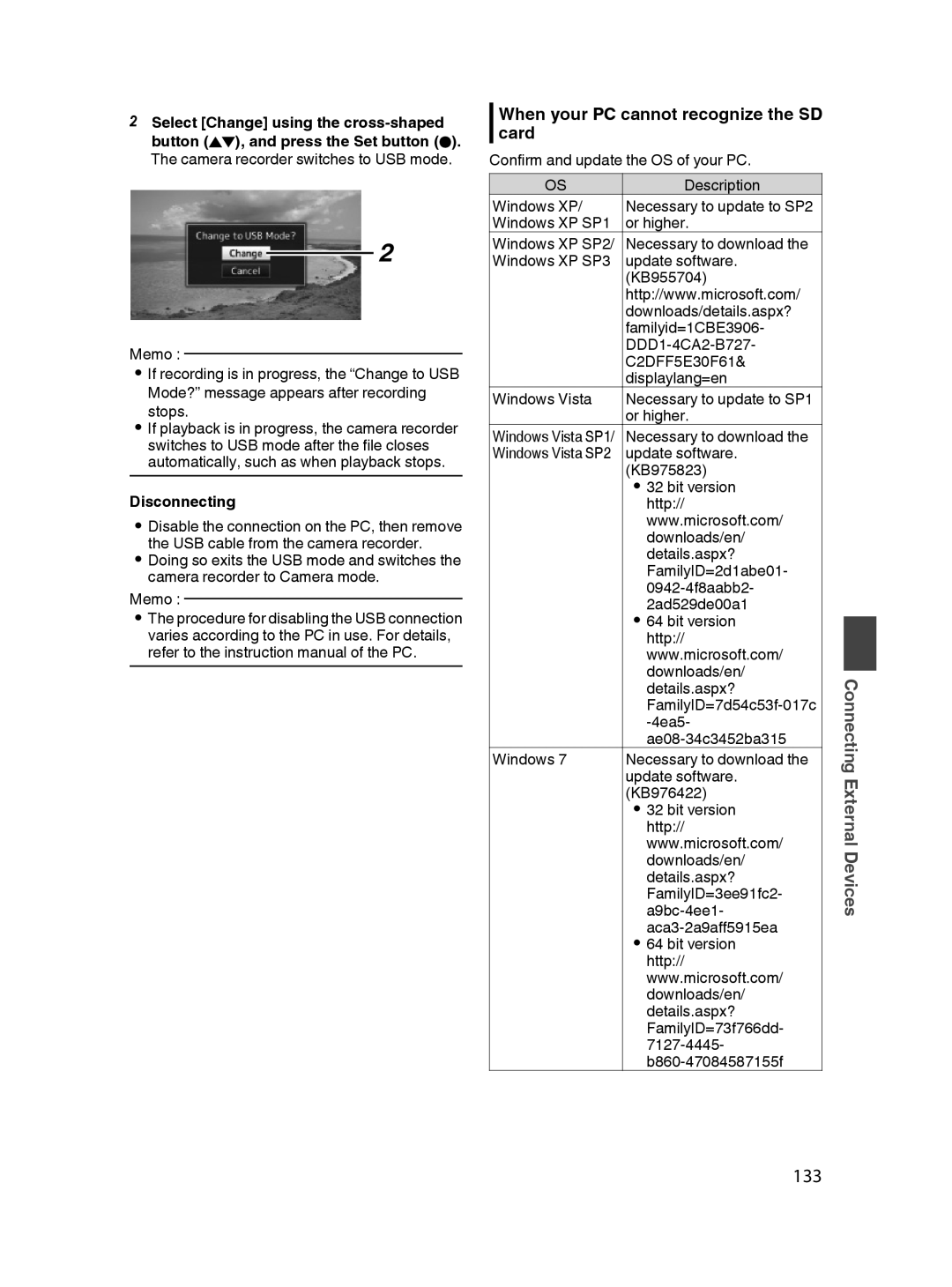 JVC GY-HM650U specifications 133, When your PC cannot recognize the SD card, Disconnecting, KB976422  32 bit version Http 