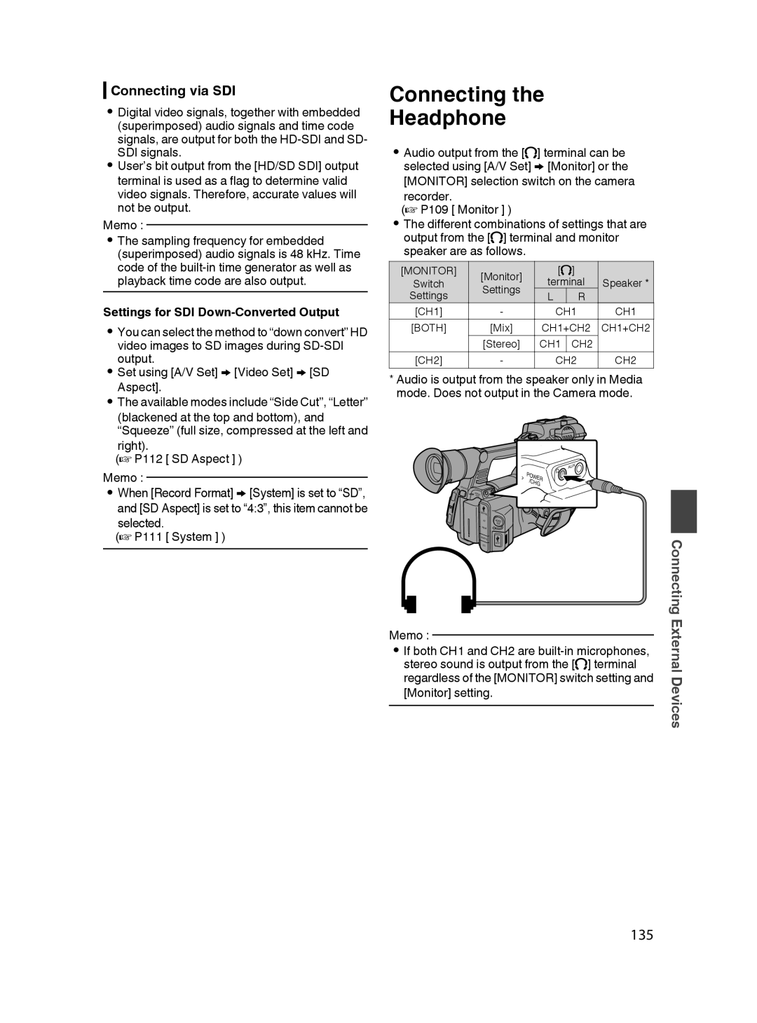 JVC GY-HM650U Connecting Headphone, 135, Connecting via SDI, External, Settings for SDI Down­Converted Output 