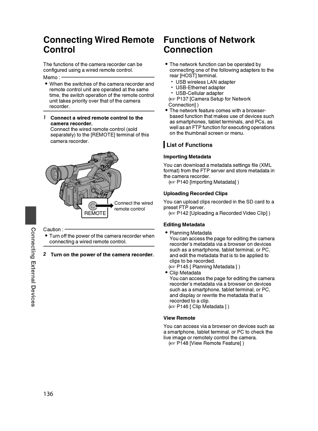 JVC GY-HM650U specifications Connecting Wired Remote, Control Connection, 136, List of Functions 