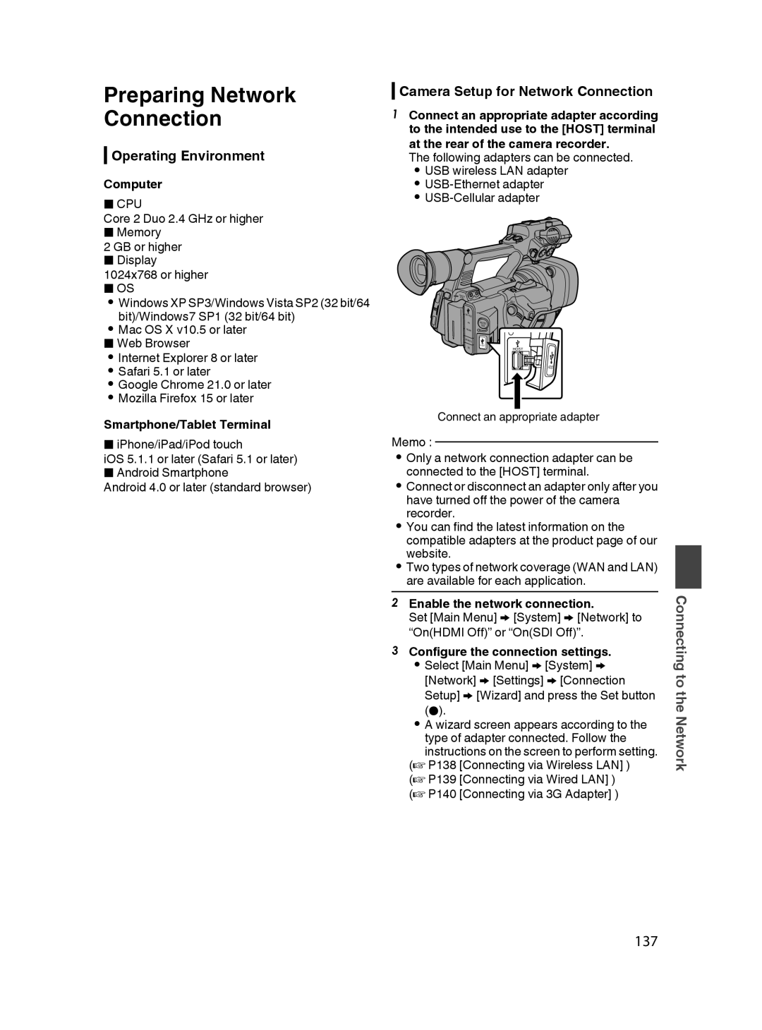 JVC GY-HM650U specifications 137, Operating Environment, Camera Setup for Network Connection 