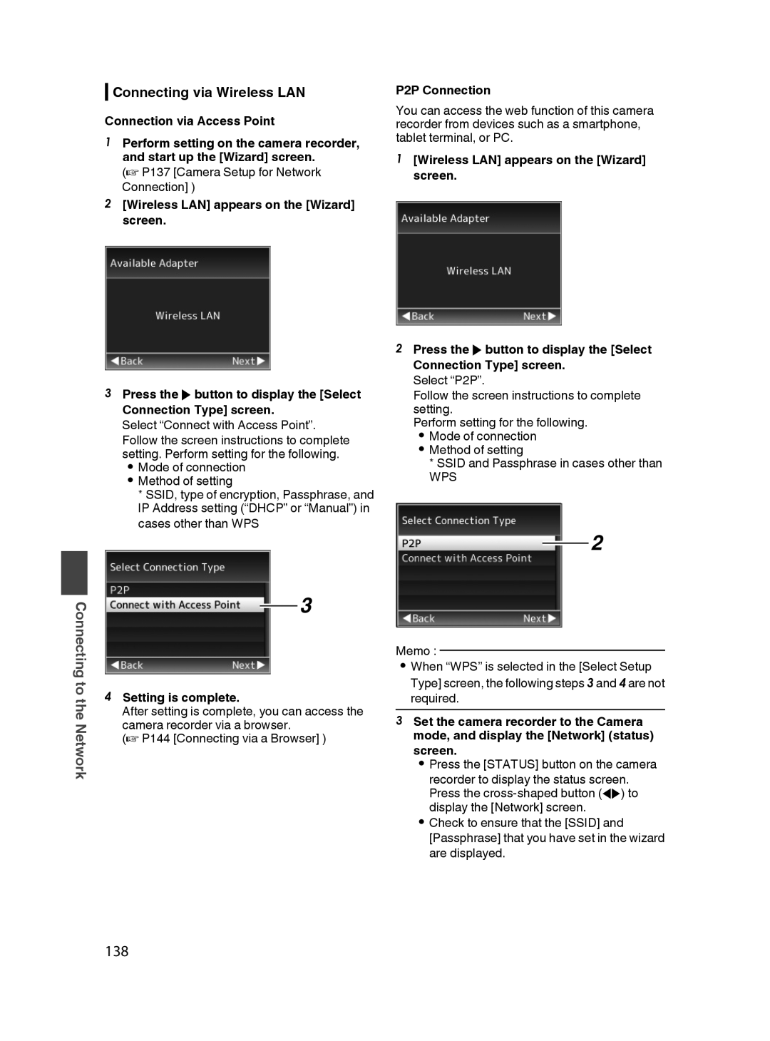 JVC GY-HM650U specifications 138, Connecting via Wireless LAN 