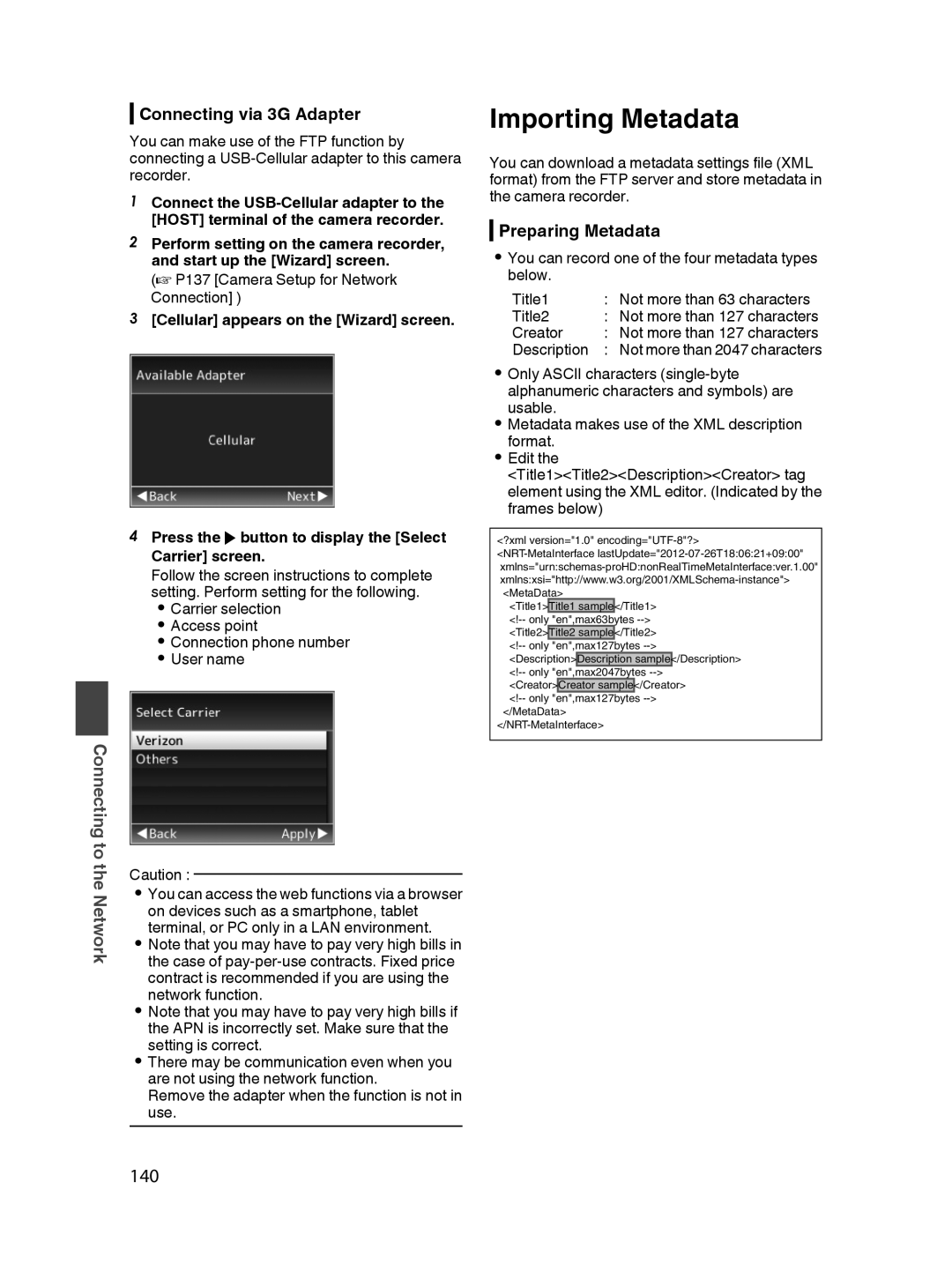 JVC GY-HM650U specifications Importing Metadata, 140, Connecting via 3G Adapter, ToConnecting, Preparing Metadata 