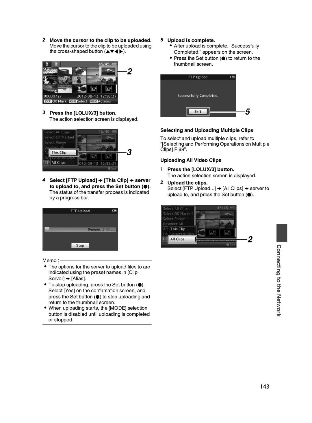 JVC GY-HM650U 143,  Press the Set button R to return to the thumbnail screen, Selecting and Uploading Multiple Clips 