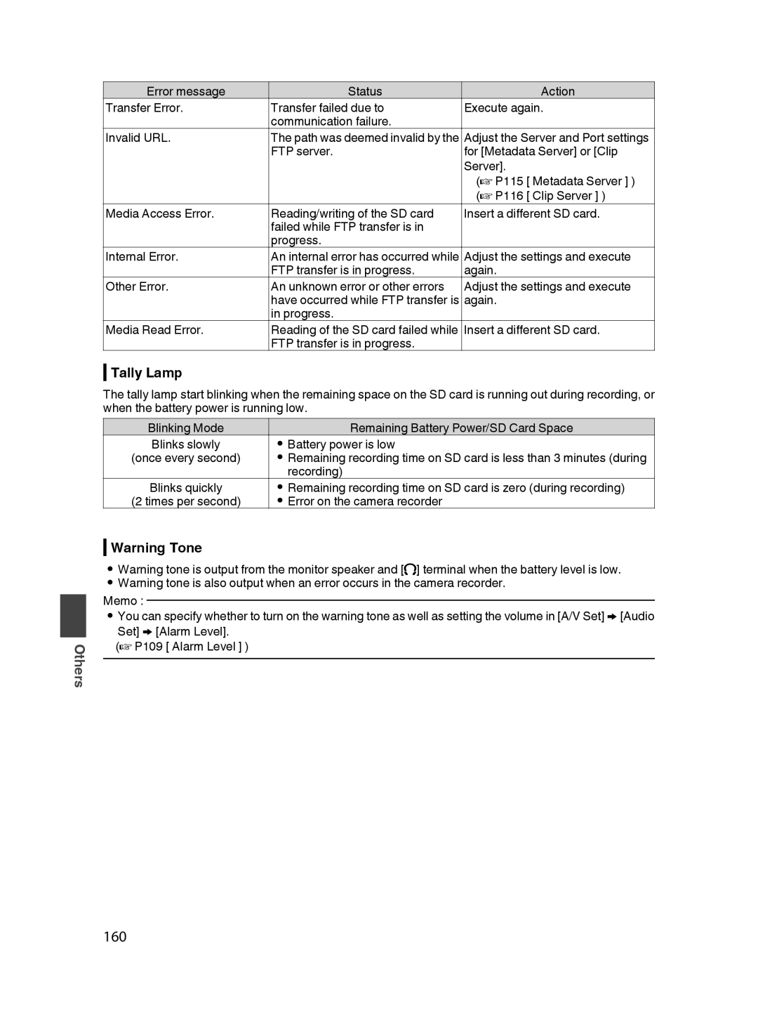 JVC GY-HM650U specifications 160, Tally Lamp,  Battery power is low,  Error on the camera recorder 