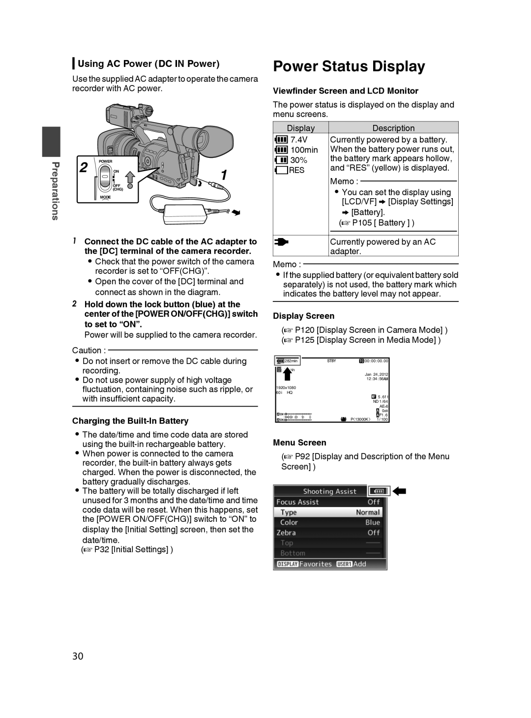 JVC GY-HM650U specifications Power Status Display, Using AC Power DC in Power 